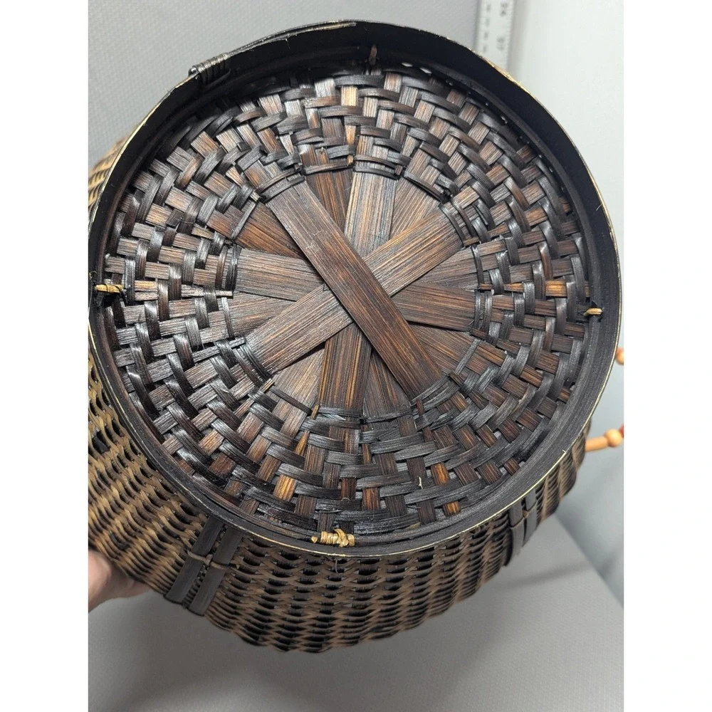 VTG Handcrafted Woven Bamboo Basket Two Tone Round Storage w/ Wood Bead Handles